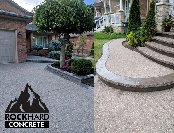 New exposed aggregate driveway and curved front steps installed by Rock Hard Concrete
